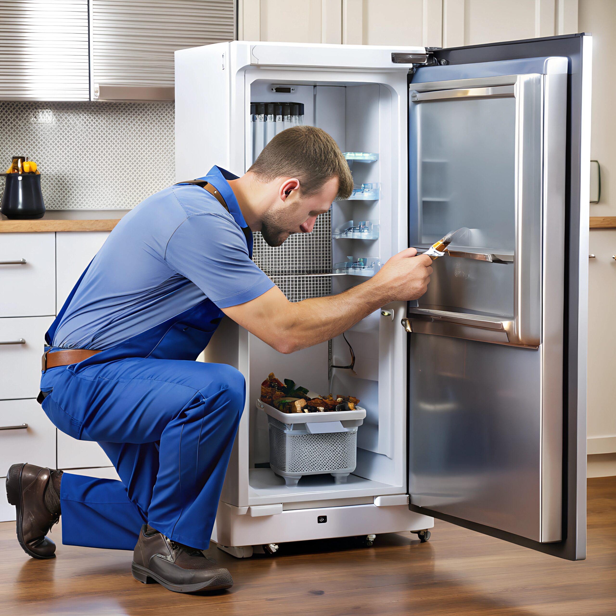 refrigerator with malfunctioning ice maker being repaired